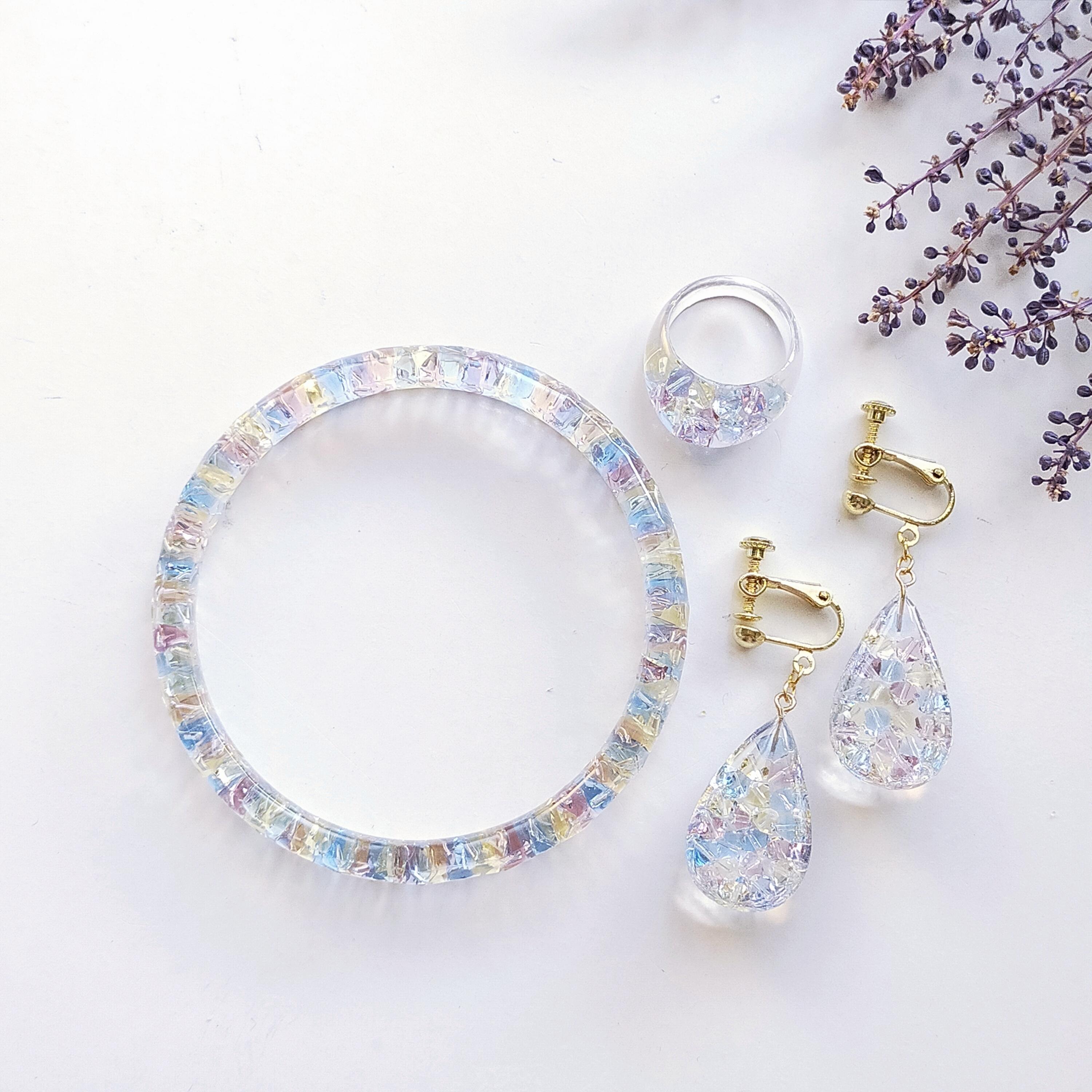 3点セット〜青い鳥の涙　ティアドロップアクセサリー3点セット〜 リング　バングル　ピアスまたはイヤリング　　タンザナイト