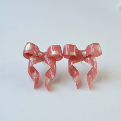 粉紅色✖️白點M絲帶耳環&amp;耳環 第3張的照片
