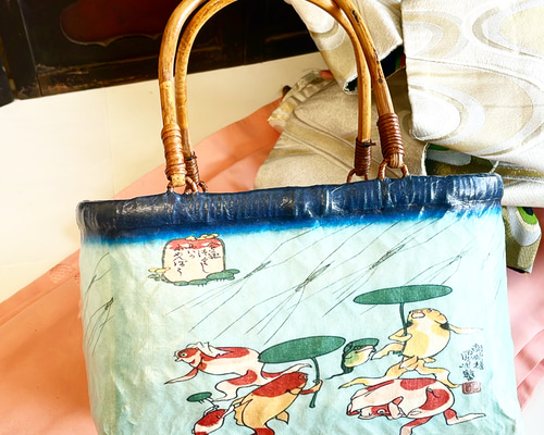 一閑張りバック “金魚づくし” 浮世絵仕上げ かごバッグ Momo太郎
