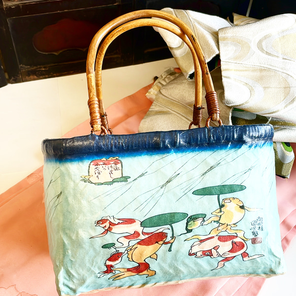 一貫張り　一閑張り籠　浮世絵　バッグ 一貫張り(一閑張り)かごバッグ 大きいサイズ 花 古文書
