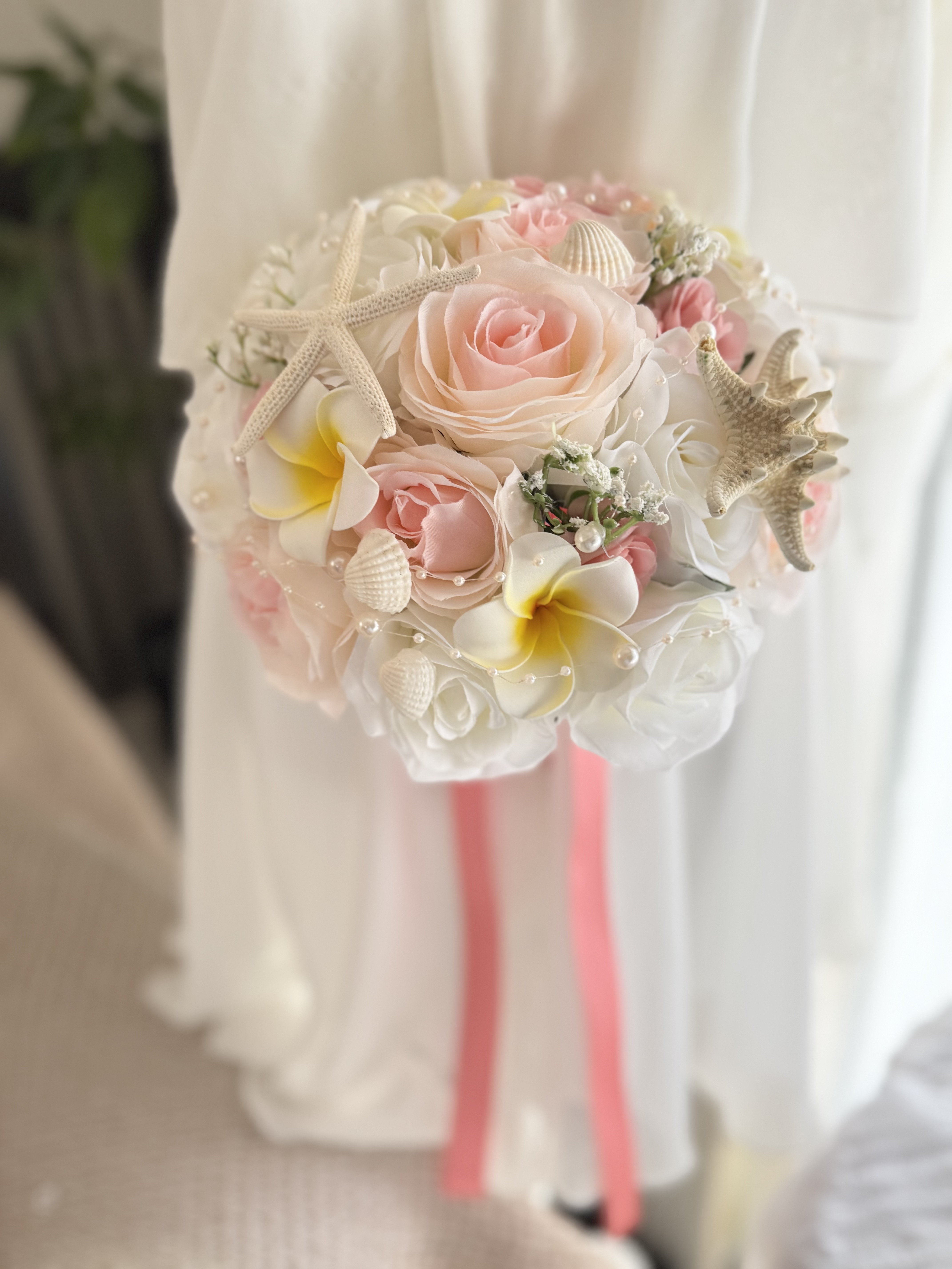 【送料無料】ピンク濃淡×プルメリア×貝殻ブーケ☆