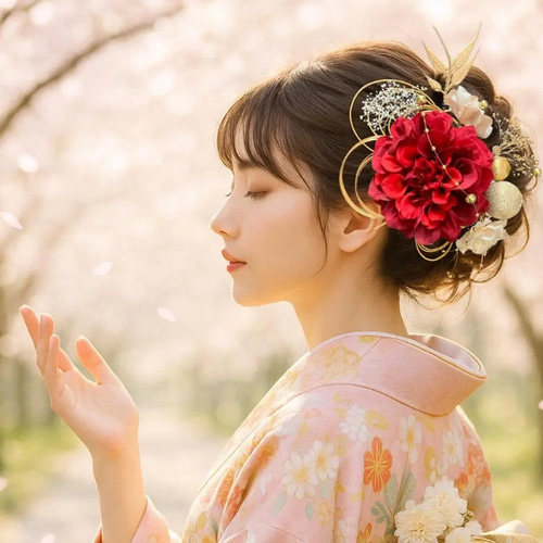 両サイドに華やぐ髪飾り 成人式 前撮り ダリア ホワイト 卒業式 結婚式