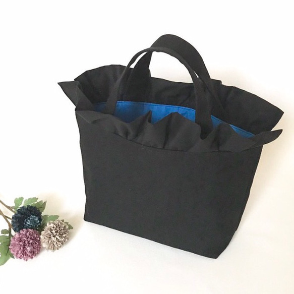 華やかフリル 帆布バッグ ☆ ブラック×セルリアンブルー トート