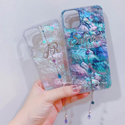 名入れ♡天然シェル キラキララメ✨ドロップハートチャーム 付き⭐︎グリーンブルー系カラー オリジナルケース スマホケース 9枚目の画像