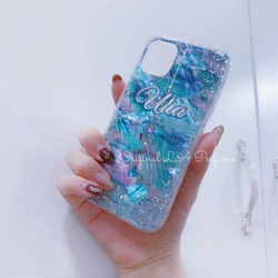 名入れ♡天然シェル キラキララメ✨ドロップハートチャーム 付き⭐︎グリーンブルー系カラー オリジナルケース スマホケース 10枚目の画像