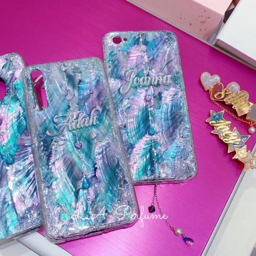 名入れ♡キラキラシェル✨ラメ✨ドロップハートチャームブルー系♡iPhoneケース 名入れ♡天然シェル キラキララメ✨ドロップハートチャーム 付き