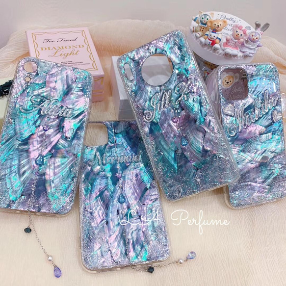 名入れ♡天然シェル キラキララメ✨ドロップハートチャーム 付き⭐︎グリーンブルー系カラー オリジナルケース スマホケース 16枚目の画像