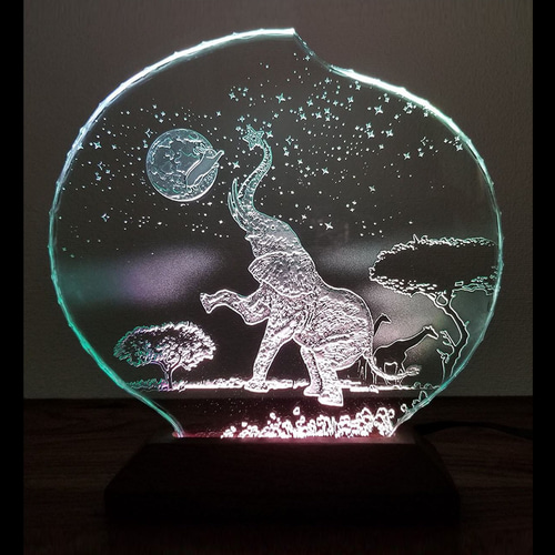 月ウサギとゾウ （ガラス：Mサイズ）SCULPTORIUM ガラスエッチング照明