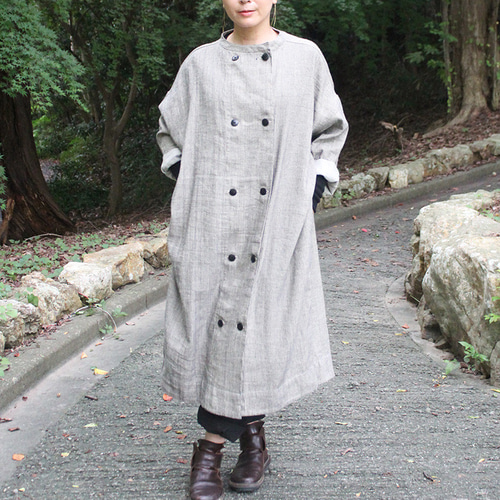 ◉秋口〜春先にぴったり◉ ダブルボタンロングコート リネンストライプ