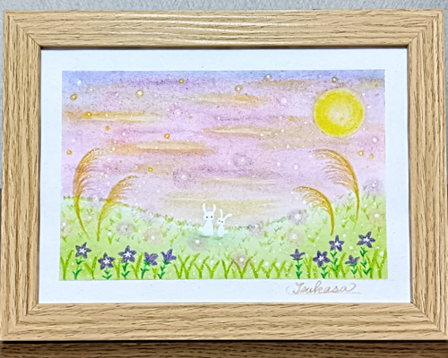 十五夜のパステルアート 月うさぎ佇むキキョウ野原 パステル画原画