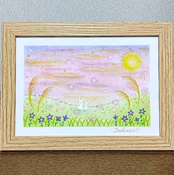 花霞　絵画アート原画　パステル画 十五夜のパステルアート 月うさぎ佇むキキョウ野原 パステル画原画