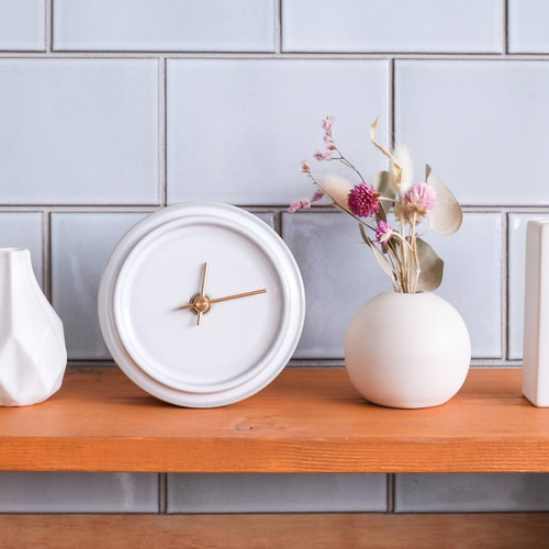 陶器と木の掛け置き時計 TILE WOOD CLOCK 乳白釉 掛け時計・置き時計