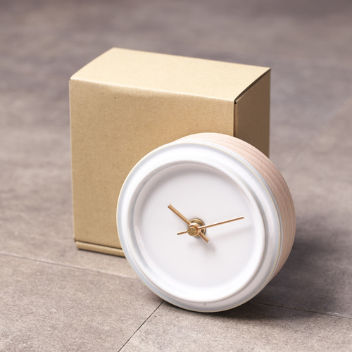 陶器と木の掛け置き時計 TILE WOOD CLOCK 乳白釉 掛け時計・置き時計