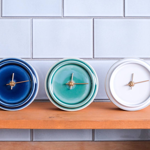 陶器と木の掛け置き時計 TILE WOOD CLOCK 乳白釉 掛け時計・置き時計