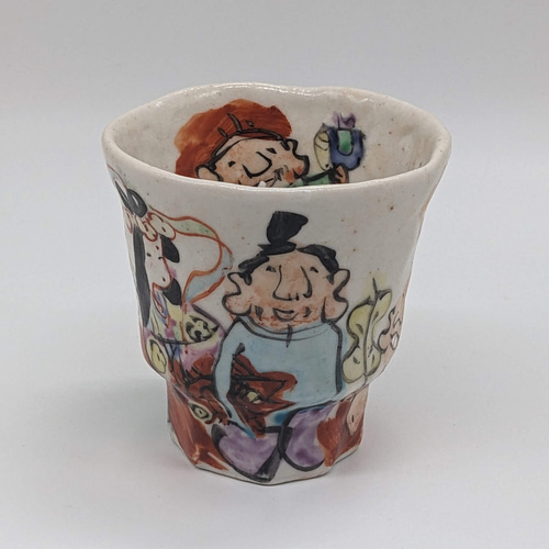 105-0031-0032 飯碗 茶碗 湯呑 和陶器 和モダン /色絵七福神 茶碗