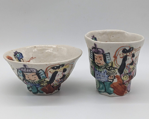 105-0031-0032 飯碗 茶碗 湯呑 和陶器 和モダン /色絵七福神 茶碗