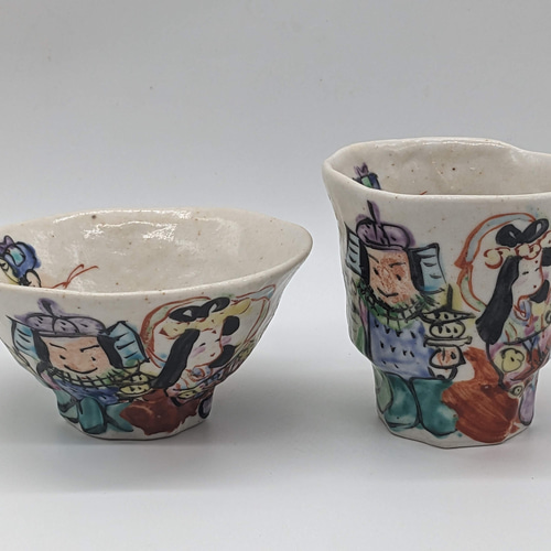 105-0031-0032 飯碗 茶碗 湯呑 和陶器 和モダン /色絵七福神 茶碗