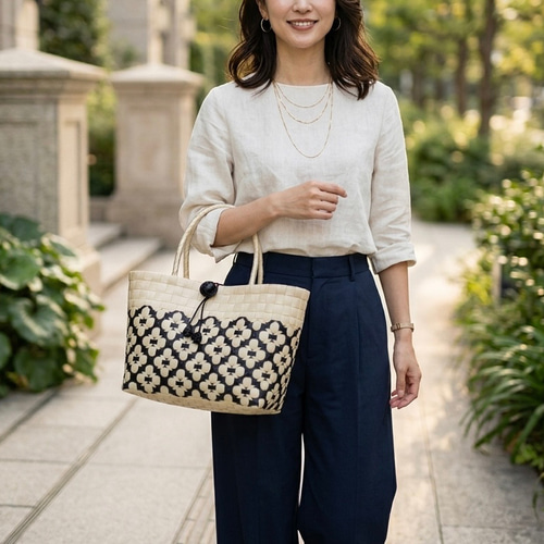 ppバンドの かごバッグ 黒ベージュ プラカゴバッグ 大人可愛い 花柄