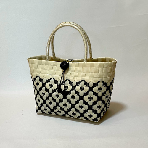 ppバンドの かごバッグ 黒ベージュ プラカゴバッグ 大人可愛い 花柄