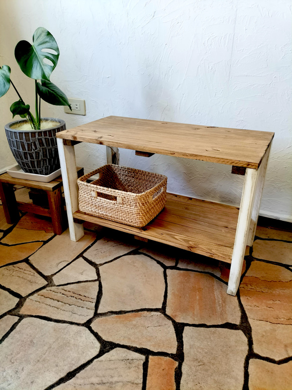 ウッドラック 2段 白 シャビーホワイト　棚　収納　木目調　2段ラック　収納棚　ウッドシェルフ 1枚目の画像