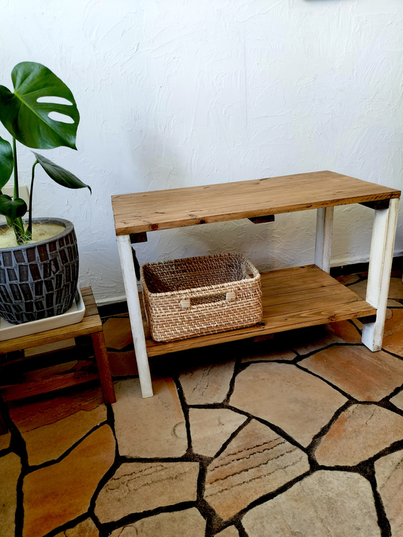 ウッドラック 2段 白 シャビーホワイト　棚　収納　木目調　2段ラック　収納棚　ウッドシェルフ 2枚目の画像