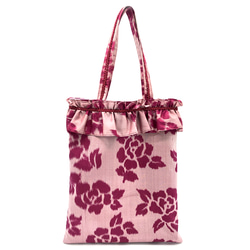 フリルバッグA4サイズ　正絹　 銘仙バラ柄（ピンク系・藤色） 2枚目の画像