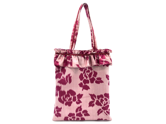 フリルバッグA4サイズ　正絹　 銘仙バラ柄（ピンク系・藤色） 2枚目の画像