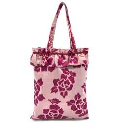 フリルバッグA4サイズ　正絹　 銘仙バラ柄（ピンク系・藤色） 1枚目の画像