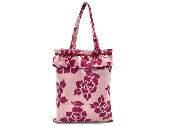 フリルバッグA4サイズ　正絹　 銘仙バラ柄（ピンク系・藤色） 1枚目の画像