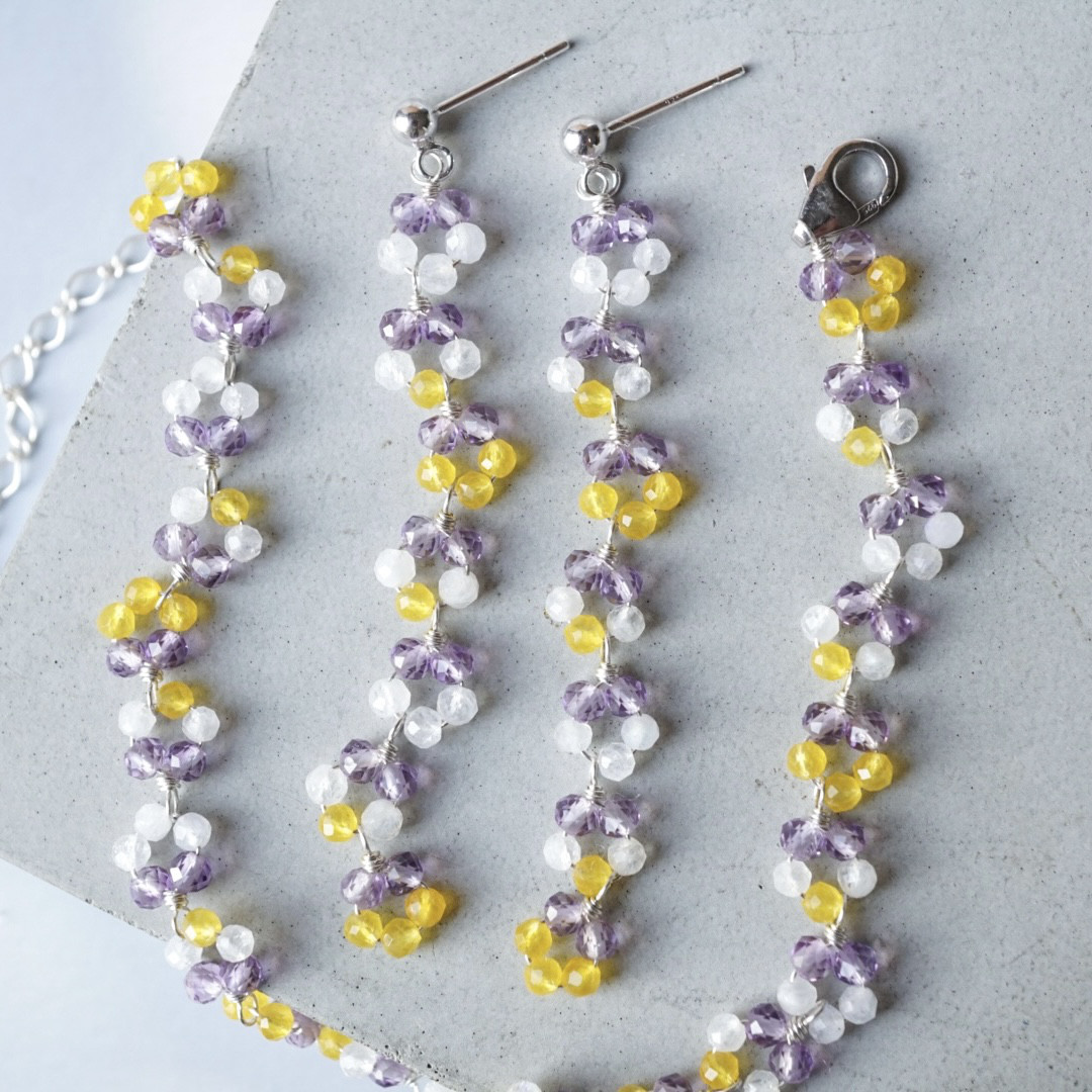 【お得セット】「ビオラの花冠」アメジスト ムーンストーン 天然石 6月誕生石 春 ピアス イヤリング ブレスレット