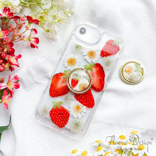 本物の いちご&本物お花 の押し 花 フルーツ ハンドメイド