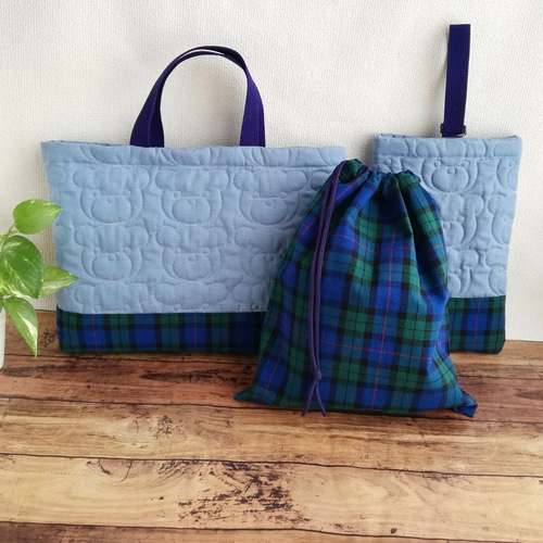 入園入学準備 くま柄キルティング 通園バック レッスンバック チェック