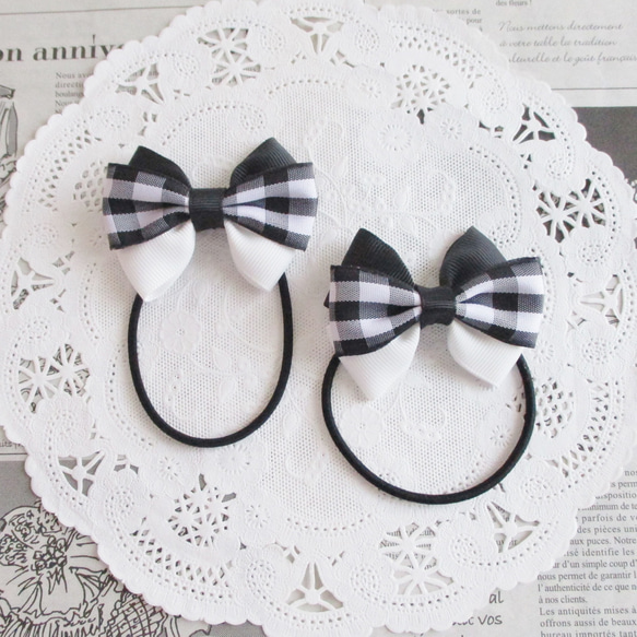 ☆ 再販 りぼん ヘアゴム 黒 白 チェック トリプルリボン キッズ