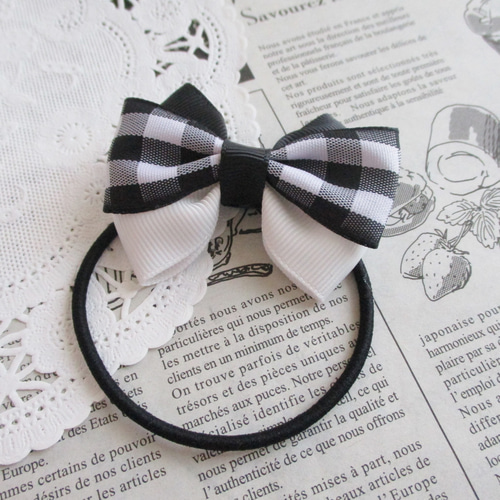 ☆ 再販 りぼん ヘアゴム 黒 白 チェック トリプルリボン キッズ