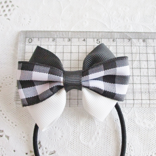 ☆ 再販 りぼん ヘアゴム 黒 白 チェック トリプルリボン キッズ