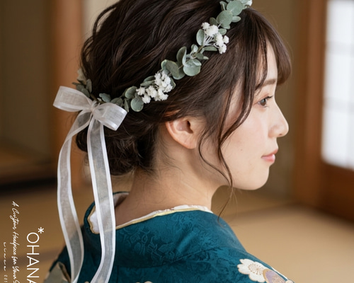 ウェディング 結婚式 髪飾り ユーカリとかすみ草の花冠 ヘッドドレス