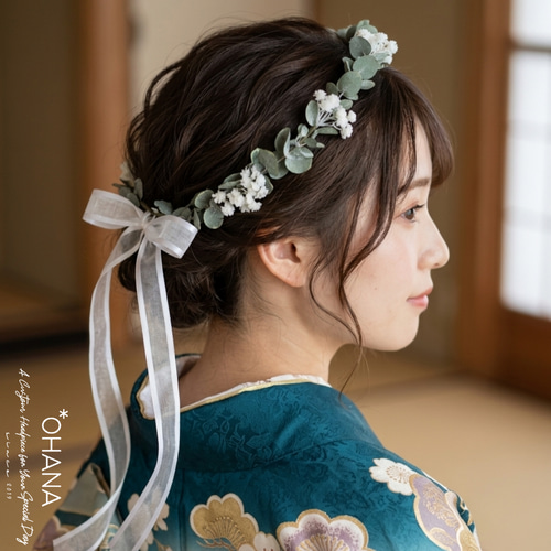 ウェディング 結婚式 髪飾り ユーカリとかすみ草の花冠 ヘッドドレス