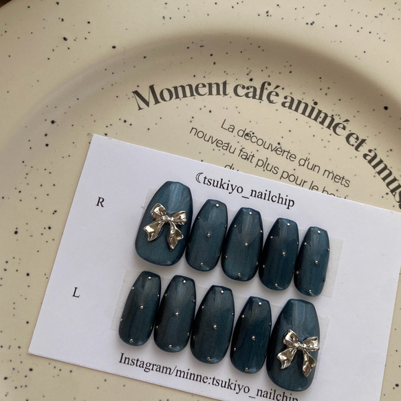 denim ribbon♡ ネイルチップ シンプル ワンカラー 付け爪 ブルー 青