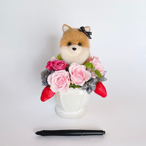 ポメラニアンといちごのプリザーブドフラワーアレンジメント 犬 母の日