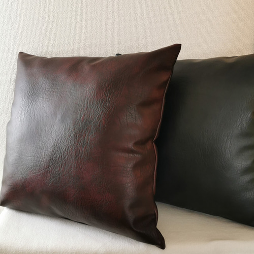 ヴィンテージ風 ダークレッドブラウン 合皮レザー クッションカバー 45