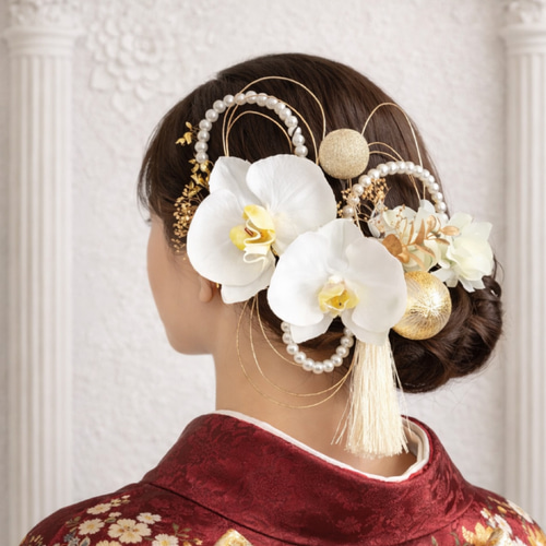 前撮りから成人式まで 本物みたいな 胡蝶蘭 上品な8㎜ パール 髪飾り