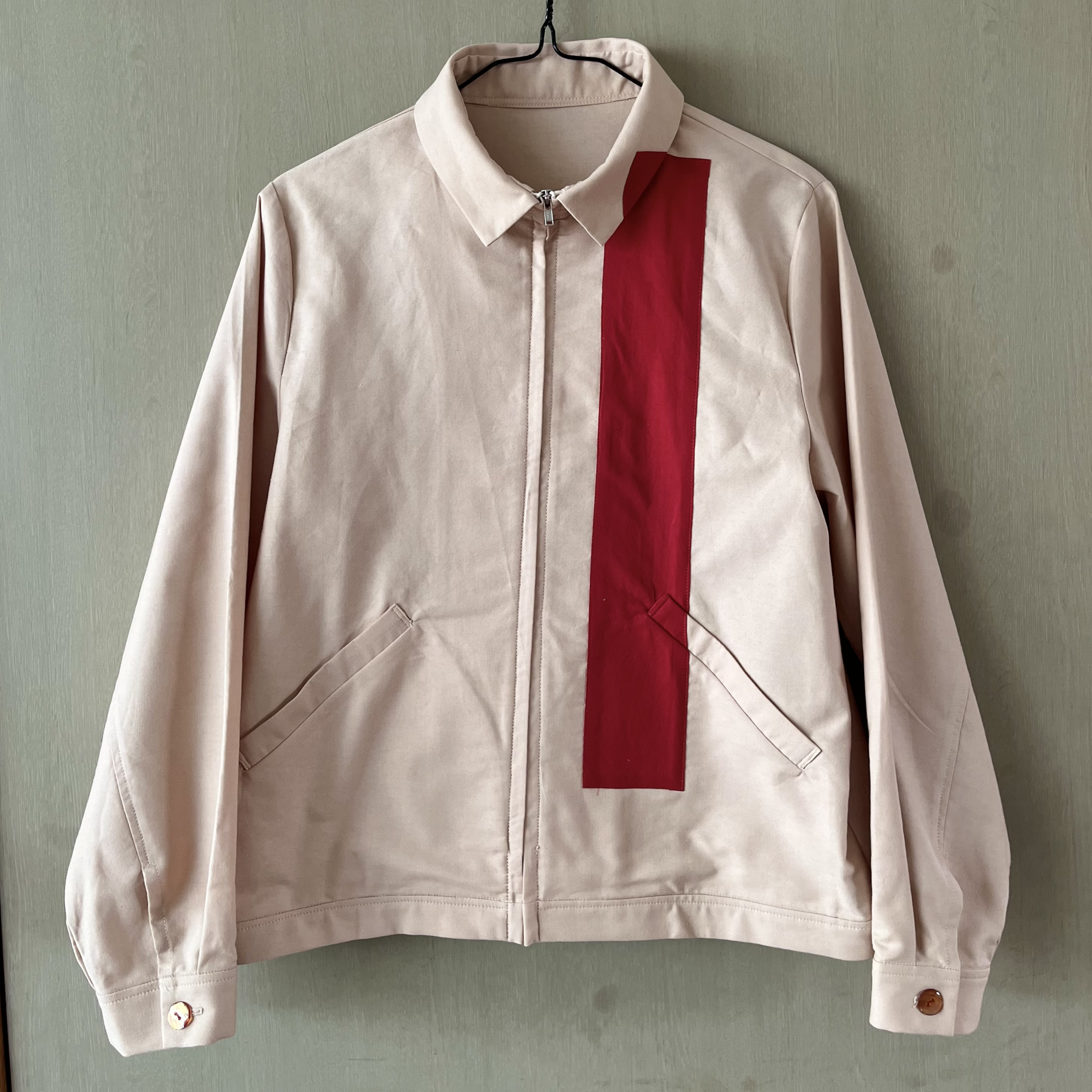 配色切り替えジップブルゾン/レディース/綿100％/ピンクベージュ×赤ライン