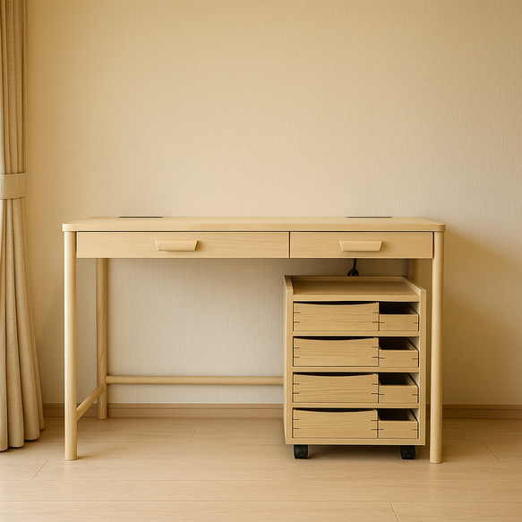 天然木のワークデスク【ハンドメイド家具】 リビングデスク&チェスト～天然木無垢材仕様 テレワーク・学習机に