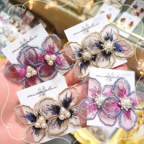 new】513 レースフラワー お花 ビジュー ピアス イヤリング お呼ばれ