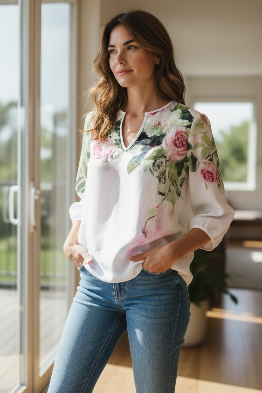 XXS～７XL　薔薇のプリント柄の七分袖ゆったりめブラウス【秋春夏】