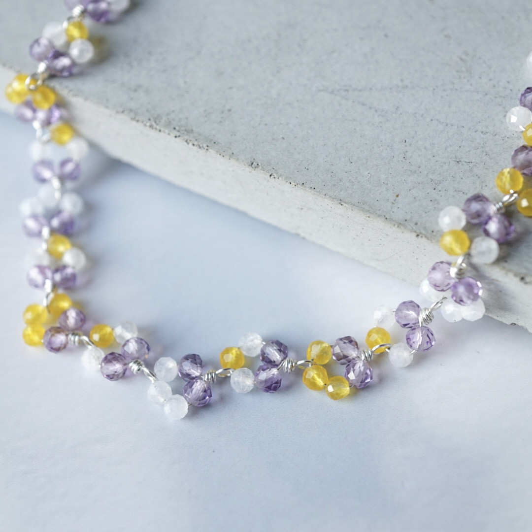 【選べる長さ】「ビオラの花冠」アメジスト ムーンストーン 天然石 誕生石 華奢 春 母の日 パンジー ブレスレット