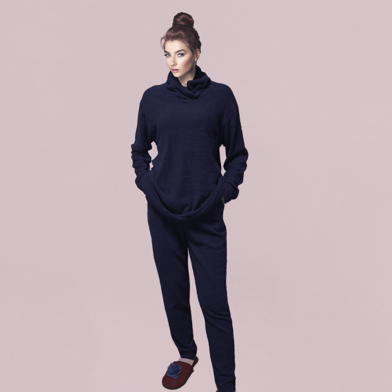 ラウンジスタイル　ストレッチ両面パイル　ホームウエアすっきりシルエットパンツ  ネイビー