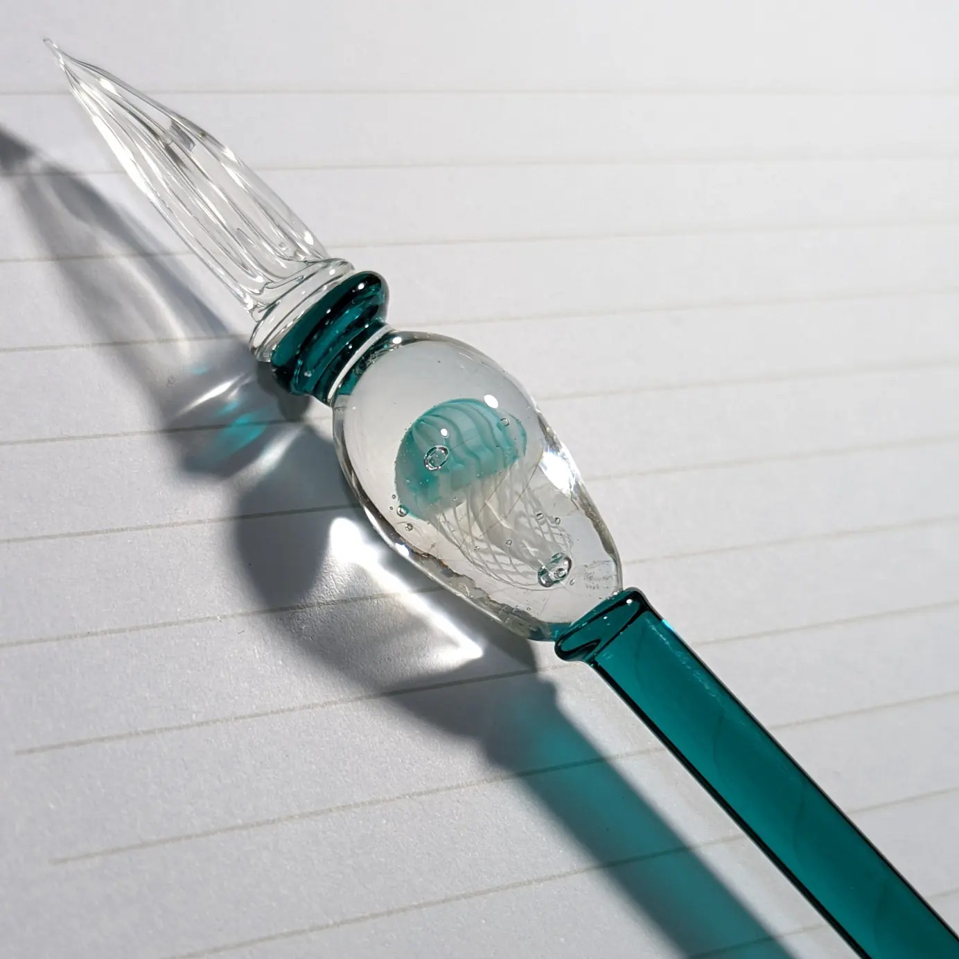 【再販80】a_beeの気まぐれ水中くらげのガラスペン・ピーコックグリーン色（化粧箱付き）