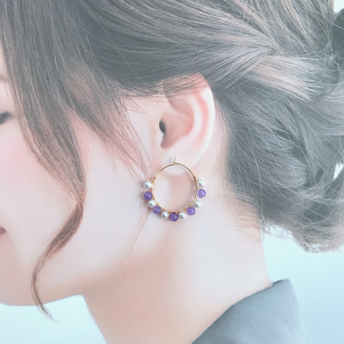 パープルカルセドニー×パールdeワイヤーフープピアス サージカル 