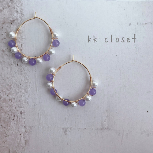 パープルカルセドニー×パールdeワイヤーフープピアス サージカル 
